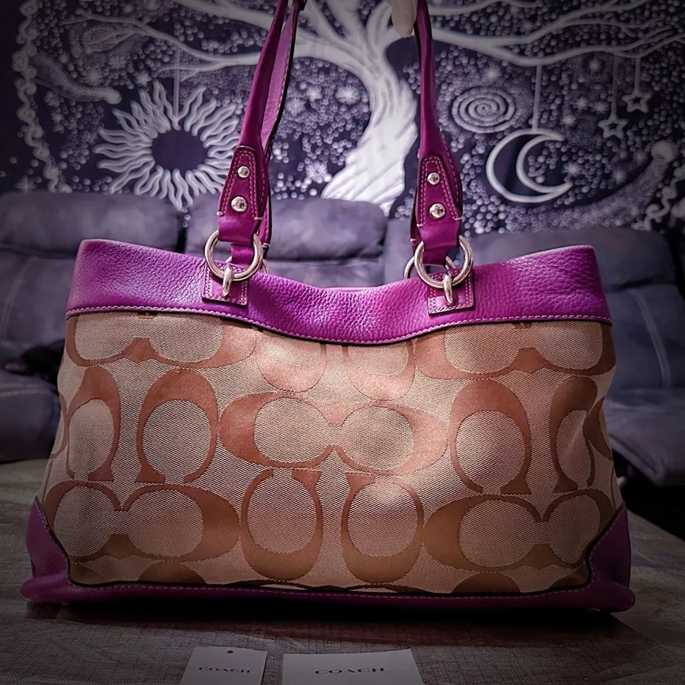 Vintage Coach purple Pink leather and Tan Signature Tote Bag shoulder bag 2009 - Picture 13 of 17